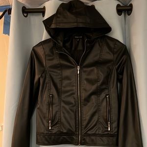 Womens faux leather hooded moto jacket